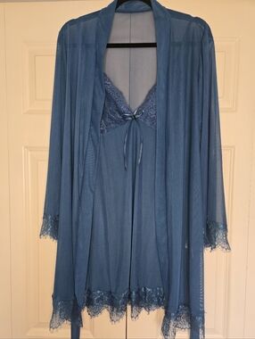 Blue Lace Trim Sheer Robe & Chemise Set Size L (No Tag) Lingerie Nightgown